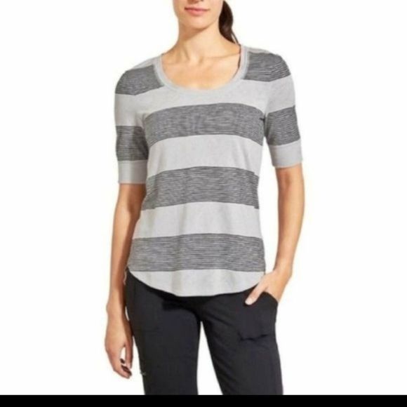 Athleta Stripe Breezy Tee Color Block Scoop Neck Half Sleeve Gray Charcoal Small - Picture 1 of 5